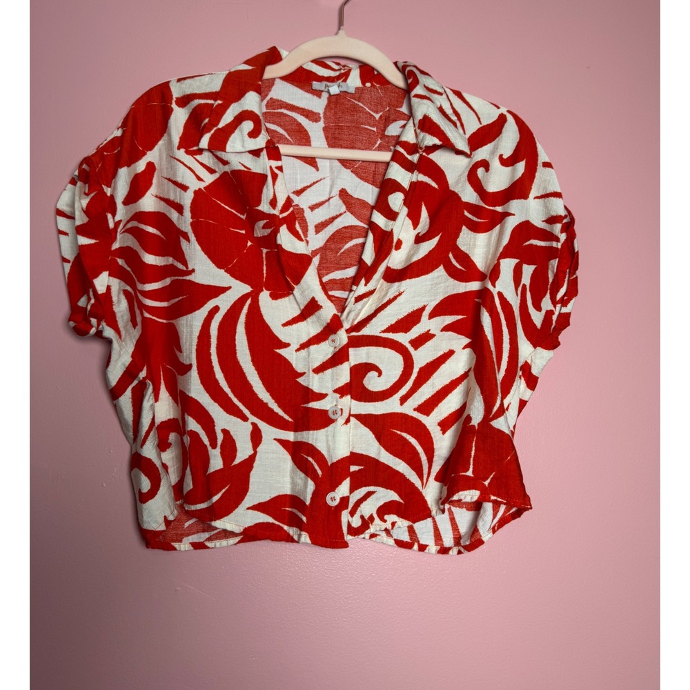 Peach Red White Tropical Floral Button Down Crop Top Womens Medium